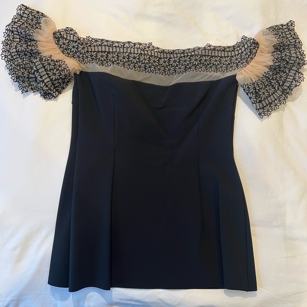 Chiara Boni Black and Cream Flutter Sleeve Blouse with Ruffled Fitted Style